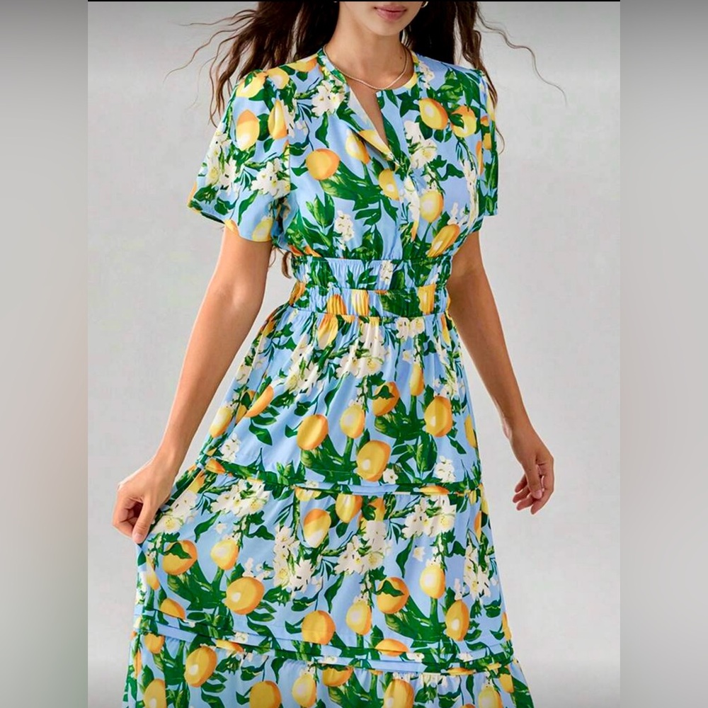 New- Women Floral Lemon Print Maxi Dress with Pockets - Medium - Picture 4 of 4